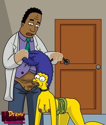 blue_hair breasts brown_skin clothes color drawn-hentai fellatio female hair human indoors insertion julius_hibbert male marge_simpson oral penis straight testicles the_simpsons vulva yellow_skin