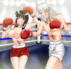 1boy 1girls abs animal_ears black_hair blood boxer boxers_(clothing) boxers_only boxing boxing_gloves boxing_match boxing_ring breast_milk breast_punch breasts brown_eyes butcherstudios clenched_teeth clothed clothes contemporary eyebrows_visible_through_hair female fight fighting fighting_ring gloves inuyasha inuyasha_(character) kikyo_(inuyasha) lactation light-skinned_female light-skinned_male light_skin lips long_hair male milk_squirt mixed_boxing muscles muscular_female nipples one_eye_closed partially_clothed punch punching_breasts red_boxing_gloves red_gloves red_shorts scratch shorts showing_teeth soft_breasts spotlight standing sweat tied_hair toned_female topless topless_female white_hair white_shorts wince yellow_eyes