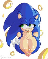 anthro beige_skin black_nose blue_fur blue_hair blush breasts color cuisine female female_only front_view fur furry furry_ears gloves green_eyes hair hedgehog looking_right losing_rings nipples open_eyes pointy_ears ring rule_63 solo sonic_(series) sonic_the_hedgehog