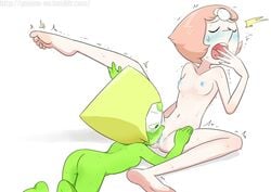 ass blonde_hair blush color cunnilingus female female_only gem_(species) gnome-no nude oral pearl_(steven_universe) peridot_(steven_universe) pink_hair short_hair steven_universe visor white_background yuri