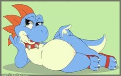 3_toes 4_fingers anthro blue_skin boshi claws collar color cute_fang dinosaur female female_only footwear front_view iveechan looking_at_viewer lying mario_(series) nintendo nude on_side open_eyes open_mouth pose rule_63 solo spiked_collar super_mario_rpg tail teal_eyes vulva yoshi