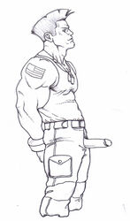 artist_request biceps clothed dog_tags guile human male male_only monochrome muscles pecs penis solo street_fighter tattoo