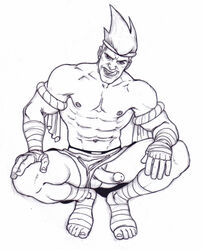 1boy adon artist_request bara human male male_only monochrome muscle penis solo source_request street_fighter tagme testicles