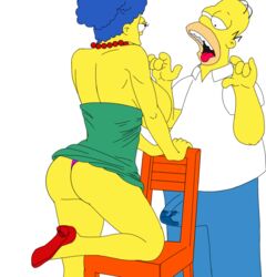 alternate_breast_size ass blue_hair breasts clothes color female hair homer_simpson human male marge_simpson stained_clothes standing tagme the_simpsons yellow_skin