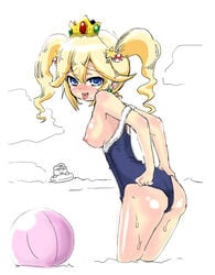 ball blonde_hair blue_eyes breasts crown earrings female headset jewelry kerger360 mario mario_(series) naughty_face nintendo nipples open_mouth princess_peach school_swimsuit smile swimsuit tied_hair tongue twintails