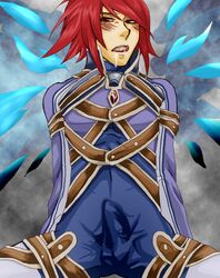 1boy blush erection kratos_aurion male male_only red_eyes red_hair saliva short_hair solo spread_legs tales_of_(series) tales_of_symphonia through_clothes wings