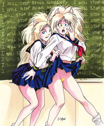 2008 2girls android annapuma assisted_exposure blonde_hair breasts cat_ears cat_girl chalkboard classroom curvaceous detention dominion_tank_police duo female joehentai large_breasts light-skinned_female light_skin long_hair looking_at_viewer multiple_girls naughty no_panties pubic_hair school_uniform shirt sisters skirt skirt_lift twins unipuma