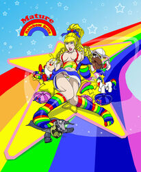 1girls aged_up bangs blonde_hair blue_eyes bra_removed breasts character_doll cheek_markings clothing creature drill_hair facial_markings facing_viewer female_only high_ponytail knees_together_feet_apart long_hair looking_at_viewer lurky medium_breasts midriff mr._glitters mr_glitters murky mustache navel no_shoes panties pantyshot parted_lips pigeon-toed ponytail rainbow rainbow_brite rainbow_brite_(character) rainbow_clothing rainbow_panties shinmusashi44 skirt star star_(symbol) star_on_cheek starlite striped_legwear striped_socks tagme twink twink_(rainbow_brite) upskirt