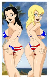 2girls american_flag american_flag_bikini asian batman_(series) batman_beyond beach bikini bikini_bottom bikini_top black_eyes black_hair blonde_hair blue_eyes breasts clothed dana_tan dc dc_comics dcau earrings female female_only long_hair melanie_walker pervyangel smile