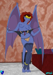 1girls blue-skinned_female blue_skin demona disney fab fab3716 female female_only gargoyles humanoid mature mature_female nipples red_hair solo tagme undressing wings