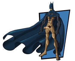 1boy abs batman batman_(dick_grayson) batman_(series) cape cowl dc dc_comics dick_grayson erect_nipples erection exposed_nipples gloves human male male_only nightwing pecs penis precum_drip retracted_foreskin solo standing tagme