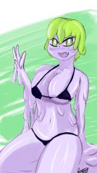 artifexcrust belly_button big_breasts bikini bikini_bottom bikini_top black_bikini black_bikini_bottom black_bikini_top black_bra black_underwear boobs bra breasts dark_bikini dark_underwear giant_breasts green_eyes green_hair massive_breasts milf oc original_character peace_sign purple_body purple_skin short_hair slime slime_girl tomboy underwear