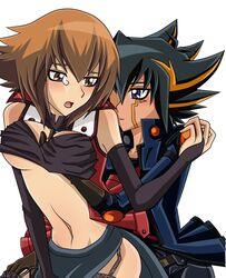 beige_skin black_hair blue_eyes breast_grab breasts brown_eyes brown_hair clothes color female front_view gloves hair human jaden_yuki male open_eyes open_mouth orange_hair rule_63 short_hair straight tan_skin tear white_background yu-gi-oh! yu-gi-oh!_5d's yu-gi-oh!_gx yusei_fudo