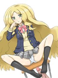 1boy 1boy1girl 1girls alternate_costume blonde_hair caitlin_(pokemon) censored elite_four female footjob game_freak human male nintendo no_shoes panties penis pokemon pokemon_bw school_uniform short_skirt straight tagme underwear upskirt white_panties