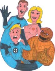 1girls 3boys ben_grimm clothed_male_nude_female fantastic_four female human_torch invisible_woman johnny_storm legacy1976 male marvel mr_fantastic nude nude_female reed_richards sue_storm the_thing_(marvel)