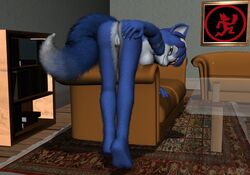 3d anthro ass back_view barefoot bent_over bindi black_nose blue_fur blue_hair breasts claws color couch cyraks female female_only fox fur furniture furry furry_ass furry_breasts furry_ears furry_tail green_eyes hair hand_on_ass indoors jewelry krystal looking_back nude open_eyes pointy_ears short_hair solo star_fox tail vulva white_fur