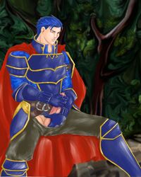 armor blue_hair cape fire_emblem fire_emblem:_the_blazing_blade forest forest_background hands_in_pants hector_(fire_emblem) leaves male male_only masturbation pants_pull penis penis_out shoulder_armor tagme trees trousers