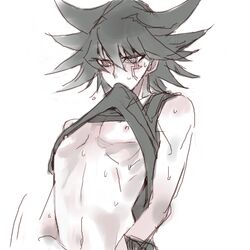 black_hair blue_eyes chest dark_eyes dark_hair human light_skin male male_only navel nipples pale_skin shirtless solo sweat tattoo yu-gi-oh! yu-gi-oh!_5d's yusei_fudo