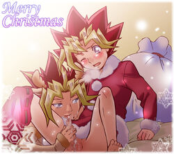 after_oral artist_request blush bottomless censored christmas cum cum_on_penis licking_penis pants_down reindeer_antlers santa_costume tagme tears tongue_out yami_yugi yaoi yu-gi-oh! yugi_muto