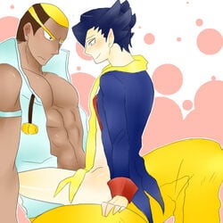 abs artist_request clothes color eye_contact grimsley human male male_only marshal_(pokemon) multiple_males no_visible_genitalia pokemon sitting skinny tagme yaoi