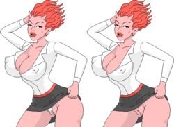 breasts callie_maggotbone cleavage demon ear_piercing erect_nipples female female_only hair horns huge_breasts large_breasts open_mouth panties pointy_ears puffy_nipples pussy red_hair shaved_pussy short_hair skirt_lift solo thick_lips transparent_background ugly_americans warnerc