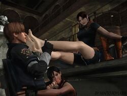 1boy 2girls 3d ada_wong ada_wong_(caroline_ribeiro) claire_redfield female foot_fetish human interracial leon_scott_kennedy leon_scott_kennedy_(christian_duerre) male mintofoularis resident_evil resident_evil_4 straight tagme