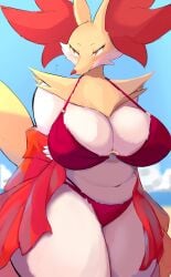 2023 2d 2d_(artwork) beach beach_wear big_breasts bikini blush blushing breasts delphox embarrassed fox fox_girl fox_humanoid fox_tail furry generation_6_pokemon no_humans nojaaaaaaaarori pokémon_(species) pokemon slightly_chubby thick_thighs wide_hips