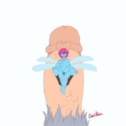 <3_eyes 2018 3_fingers 4_arms absurd_res antennae anthro arthropod blue_skin clitoris dragonfly female female_focus grey_hair hair heart hi_res humanoid_penis insects looking_at_viewer lying male multi_arm multi_limb navel on_back penis pink_hair pubes pussy simple_background size_difference spread_pussy spreading straight suzibean thick_tail tongue tongue_out watermark white_background wings yellow_eyes