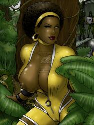 afro areola areola_slip big_breasts breast_slip breasts brown_eyes brown_hair cleopatra_brown dark-skinned_female dark_skin erect_nipples female hoop_earrings jungle nipple_piercing nipple_ring nipple_slip nipples original_character red_lipstick rplatt solo