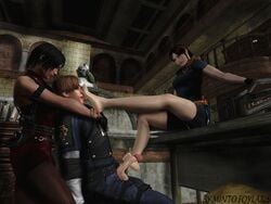 1boy 2girls 3d ada_wong ada_wong_(caroline_ribeiro) claire_redfield female footjob human interracial leon_scott_kennedy leon_scott_kennedy_(christian_duerre) male mintofoularis resident_evil resident_evil_4 straight tagme