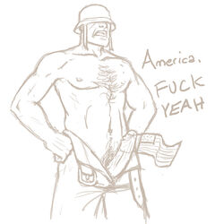 belt chest_hair erect_nipples erection flag flagpole hands_on_hips helmet male male_focus male_only pants_open penis_out presenting_penis rebbacus soldier tagme team_fortress_2 topless