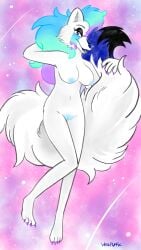 anthro arctic_fox aurora_(phenomenon) big_tail blue_genitals breasts canid canine claws female fox fur genitals hi_res humanoid mammal multicolored_body multicolored_fur pinup pose solo space tail true_fox vulva woolpuff