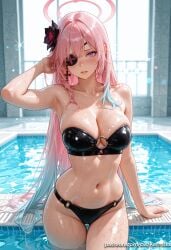 1girl ai_generated arm_up armpits bangs bikini black_bikini blue_hair blush breasts cleavage collarbone cowboy_shot cross cyrene_(honkai:_star_rail) earrings eyepatch flower gradient_hair hair_flower hair_ornament halo honkai:_star_rail jewelry kermixx large_breasts long_hair looking_at_viewer mole multicolored_hair navel o-ring o-ring_bikini parted_lips pink_hair pool purple_eyes shiny shiny_skin skindentation solo stomach swimsuit thigh_gap very_long_hair water wet