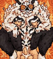 5_fingers agito_(jujutsu_kaisen) anthro antlers balls black_antlers black_legs black_lips black_striped_body bodily_fluids breast_squeeze breasts caucasian cum cum_in_vagina cum_inside cum_on_balls dominant dominant_female duo feathers female fingers flying_sweatdrops fur genital_fluids genitals hi_res horn human human_penetrating_female humanoid humanoid_penetrated larger_female lips male male/female mammal markings monster monstrous_humanoid motion_lines on_top orange_background orange_eyes orange_sclera penetration ringed_background ringed_eyes scaliescum simple_background size_difference smaller_male smile squeezing striped_markings stripes sweat sweatdrop thick_thighs twitching vaginal vaginal_penetration white_body white_fur