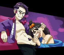 1boy 1girls bangs black_hair collarbone collared_shirt corbeau_(pokemon) duro_(pokemon) earrings fellatio glasses grey_eyes hair_behind_ear hair_ornament holding_hair hoodie karasuba_(pokemon) licking_penis lida_(pokemon) long_hair long_sleeves necktie open_shirt pants pants_down penis pokemon pokemon_legends:_z-a pubic_hair purple_hair short_hair slyfish smile sweater thick_eyebrows tongue tongue_out topknot yellow_eyes