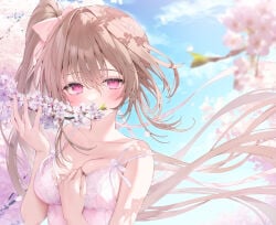 1girl blue_sky blush bow branch breasts brown_hair camisole cleavage collarbone day flower hair_bow hand_on_own_chest long_hair looking_at_viewer medium_breasts navy_(navy.blue) original outdoors pink_bow pink_eyes side_ponytail sky smelling solo spring_(season) upper_body very_long_hair white_flower