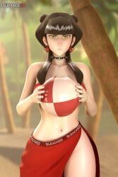 1girls 3d 3d_(artwork) 4k angry_expression angry_face asian_female avatar_the_last_airbender ball ball_(object) beach beach_ball black_hair bleached bleached_clothing curvaceous_ass curvaceous_body curvaceous_female curvaceous_figure curvaceous_hips curvaceous_thighs curvy curvy_body curvy_female curvy_figure curvy_hips curvy_thighs earrings female female_only looking_at_viewer mai_(avatar) red_skirt solo ssurface ssurface3d