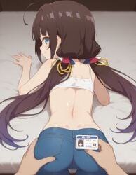 ai_generated blue_eyes blue_jeans brown_hair bubble_butt crop_top flat_chest focus_on_ass grabbing_from_behind heavenly_ass hinatsuru_ai id_card offering_self perfect_ass petite_ass sexy_pose slim_waist slutty_body slutty_female