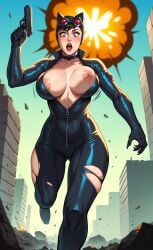 1girls 4k ai_generated batman_(series) big_areola black_bodysuit black_hair bodysuit bouncing_breasts catwoman dc_comics explosion exposed_breasts female female_only goggles goggles_on_head grey_eyes gun her_brother_drives_a_subaru huge_breasts lipstick makeup nipples pistol ripped_clothing self_upload selina_kyle shocked skin_tight solo stable_diffusion surprised tight_clothing unzipped weapon