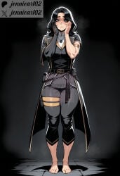 1girl ai_generated armlet artist_name barefoot belt belt_pouch black_background black_belt black_coat black_eyes black_gloves black_hair black_jacket black_pants blush breasts closed_mouth clothing coat elbow_gloves feet female full_body genderswap genderswap_(mtf) gloves grey_eyes hands_on_own_cheeks hands_on_own_face hands_up instagram_logo jacket jennieart02 jewelry long_hair looking_at_viewer lune medium_breasts medium_hair muscular muscular_female necklace pants patreon patreon_logo patreon_username pouch pussy_juice shirt short_sleeves simple_background single_elbow_glove single_glove solo standing steam steaming_body sweat thigh_strap thighs toenails toes twitter twitter_logo twitter_username watermark white_shirt