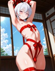 ai_generated androgynous femboy girly mole mole_under_mouth otoko_no_ko ribbon ribbon_bondage ribbons standing thick_thighs white_hair wide_hips wolf_cut wrapped_in_ribbons