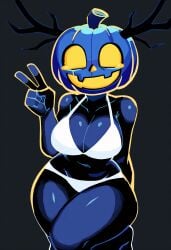 1girls absurd_res ai_generated antlers blank_eyes blue_pumpkin blue_skin bra cleavage colored_sclera colored_skin dusekkar_(forsaken) empty_eyes falsegate forsaken genderswap genderswap_(mtf) highres hollow_eyes humanoid looking_at_viewer monster monster_girl non-human open_mouth panties peace_sign pumpkin pumpkin_head roblox rule_63 self_upload smile solo stable_diffusion standing thick_thighs uncensored v white_bra white_panties wide_hips yellow_eyes yellow_mouth yellow_sclera