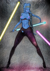 1girls aayla_secura aishado areola big_breasts blue_skin breasts color colored female female_only jedi large_breasts lightsaber navel nipples solo star_wars topless twi'lek uncensored