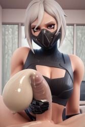 3d ai_generated big_penis cleavage condom_filling condom_on_penis cum cum_in_condom excessive_cum fortnite full_condom handjob hush_(fortnite) looking_at_viewer mask masked_female medium_breasts pov_male shindhas