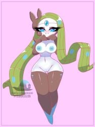 blue_eyes blue_genitals clothing female generation_5_pokemon genitals green_hair hair humanoid innie_pussy legendary_pokemon legwear meloetta meloetta_(aria_form) missqueenshi mythical_pokemon nintendo nipples pokemon pokemon_(species) shaved_pussy solo squish standing tahla_zhwane thigh_highs thigh_squish vulva