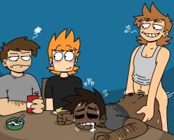 4boys anal anal_sex annoyed_expression bent_over bent_over_table big_ass black_eyes blush_lines blushing breakfast brown_hair cereal chubby_male cola commission commissions_open dark-skinned_male drool_string drooling ear_piercing edd_(eddsworld) eddsworld eyebrow_piercing gay gay_sex ginger ginger_hair ginger_male hair_horns hairy_arms hairy_male half_naked happy_trail hearts hearts_around_head holding_hips holding_partner humiliation justsomedude kitchen light-skinned_male lip_piercing long_hair looking_at_another looking_away male/male male_only matt_(eddsworld) piercings scrambled_eggs shirt_up short_hair skinny_male smiling smiling_at_another soda soda_can spank_marks spikey_hair surprised_expression sweat sweatdrop sweating t-shirt tank_top tom_(eddsworld) tord_(eddsworld) yaoi