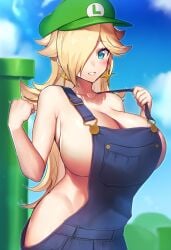 1girls ai_generated big_breasts blonde_hair breasts brutoaimage earrings female female_only light-skinned_female light_skin luigi_(cosplay) mario_(series) nintendo overalls princess princess_rosalina rosalina solo super_mario_bros. super_mario_galaxy