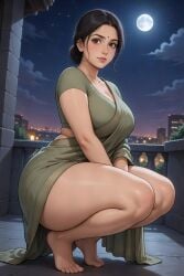 1girls ai_generated balcony barefeet big_thighs bindi black_hair black_outline black_pupils blouse city_background cleavage curvy_hips eyelashes female female_only grok hair_bun hair_strand housewife indian indian_clothes indian_female large_ass large_breasts light-skinned_female mature_female milf mommy moon moonlight neutral_expression night_sky rgomez007 saree sari self_upload short_sleeves skyline solo_female squatting thick_thighs traditional_clothes updo