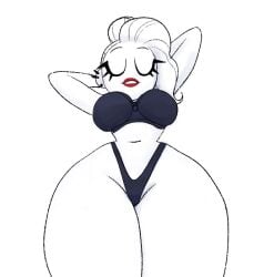 arms_up bra breasts eyes_closed hands_behind_head large_breasts navel original original_character panties piercing red_lipstick slim_waist tagme thick_thighs vanillasketchy viewed_from_below voluptuous white_background white_body white_hair wide_hips