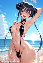 1futa 1girl ai_generated alternate_costume arm_behind_head arm_up armpits bare_shoulders beach bikini black_hair black_one-piece_swimsuit blue_archive blue_sky blush breasts carminroux cloud cloudy_sky covered_nipples cowboy_shot day double_bun full-package_futa futa_only futanari grey_eyes groin hair_bun hair_ornament halo horizon kisaki_(blue_archive) long_hair looking_at_viewer medium_breasts naughty_face navel o-ring o-ring_swimsuit ocean one-piece_swimsuit open_mouth outdoors patreon_username penis presenting_armpit sky slingshot_swimsuit smile solo standing stomach sun sunlight sweat swimsuit teeth testicles thighs tongue tongue_out twintails very_long_hair voluptuous_futa water web_address wet wide_hips